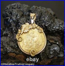 1875 22K 20 Francs Angel Rooster Coin 14k Gold Vine Bezel Pendant French Antique