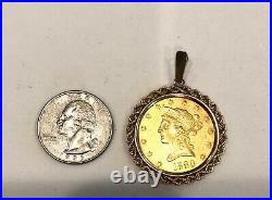 1880- U. S. $10 Gold Coin In Solid 14k Yellow Gold Rope Bezel/pendant