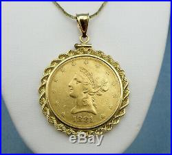 1881 US $10 liberty head gold coin Pendant, 14K Gold Bezel