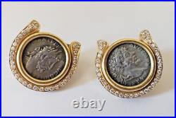 18KT YELLOW GOLD -ROMAN COIN AND DIAMONDS Gold Omega Clip EARRINGS