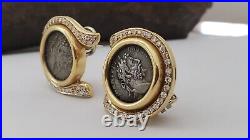 18KT YELLOW GOLD -ROMAN COIN AND DIAMONDS Gold Omega Clip EARRINGS