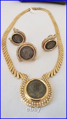 18KT YELLOW GOLD -ROMAN COIN AND DIAMONDS Gold Omega Clip EARRINGS