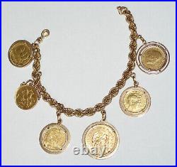 18K Rope Charm Bracelet with 6 Gold Coins Sovereign Austria Mexico Turkey 9.25