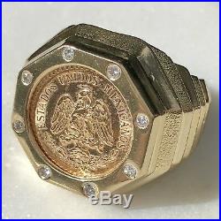 18K Yellow Gold Diamond Ring 22K Mexican Coin 1945 2 Pesos Mens 8.5-9 Textured