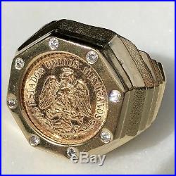 18K Yellow Gold Diamond Ring 22K Mexican Coin 1945 2 Pesos Mens 8.5-9 Textured