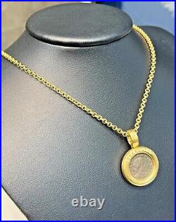 18K Yellow Gold Solid Chain And Ancient Roman Coin Pendant With Diamonds
