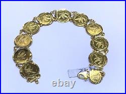 18k Solid Yellow Gold Round Coin Link Bracelet 7 Inches. Wt 12.63 Grams