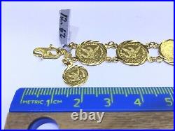 18k Solid Yellow Gold Round Coin Link Bracelet 7 Inches. Wt 12.63 Grams