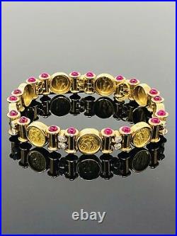 18k Yellow Gold Cabochon Ruby and Diamond Coin Bracelet