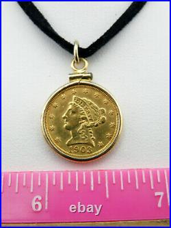 1903 $2.5 Liberty Head Quarter Eagle Gold Coin Pendant, 14K Yellow Gold Bezel
