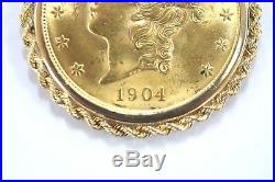 1904 $20 Liberty Head Gold Coin in 14k Yellow Gold Rope Chain Pendant