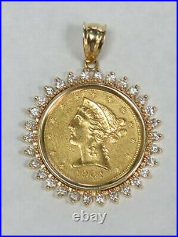 1904 Gold USA $5 Liberty Head Half Eagle Coin In 14k Diamond Bezel