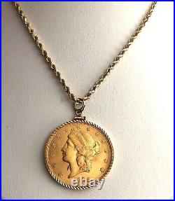 1904 U. S. $20 Gold Coin In Solid 14k Yellow Gold Ribbed Bezel & Chain
