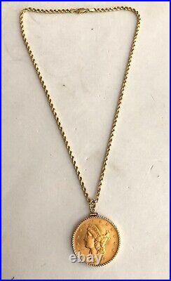 1904 U. S. $20 Gold Coin In Solid 14k Yellow Gold Ribbed Bezel & Chain
