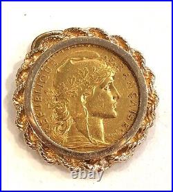 1905- 20 Franc Gold Coin In Solid 14k Yellow Gold Bezel/pin/pendant