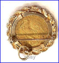 1905- 20 Franc Gold Coin In Solid 14k Yellow Gold Bezel/pin/pendant