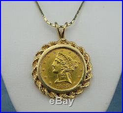 1905 $5 Half Eagle Liberty Type Head Gold Coin Pendant, 14K Gold Bezel