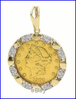 1907 United States Gold $20 Dollar Coin Pendant In 14k Gold & Diamond Frame