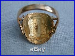 1908 BENT OVER/CURVED 22CT FULL SOVEREIGN COIN IN 9CT GOLD RING SIZE Y 10.1g
