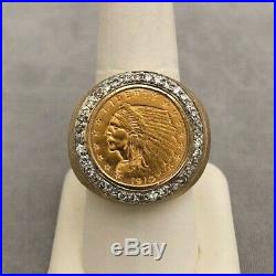 1910 $2.50 Indian Head 14k Yellow Gold Estate Mens Diamond Pinky Ring