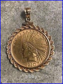 1910 Style $10 Indian Head Coin Pendant 14k Yellow Gold Over 925 Rope Bezel