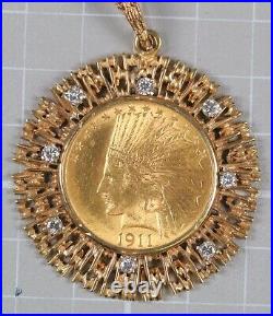 1911 U. S. $10 Indian Head Eagle 14k Yellow Gold Coin Pendant Bezel & Diamonds