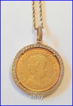 1912 10 Gulden Gold Coin 14K Yellow Gold Diamond Set Bezel Pendant 18 Necklace