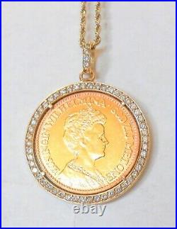 1912 10 Gulden Gold Coin 14K Yellow Gold Diamond Set Bezel Pendant 18 Necklace