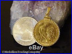 1912 20 Francs Rooster Coin 14k Gold Twist Bezel Clip Bail Reversible Pendant