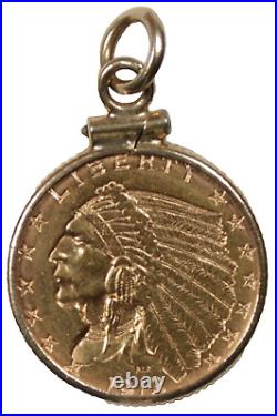 1913 Indian $2 1/2 Gold Coin With 14 K Gold Bezel Reeded Edge Pendant