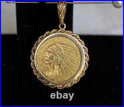 1914 $5 Indian Gold Coin In 14kt Solid (not Plated Or Filled) Yellow Gold Bezel