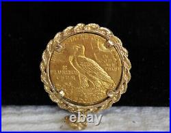 1914 $5 Indian Gold Coin In 14kt Solid (not Plated Or Filled) Yellow Gold Bezel