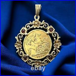 1926 George V Half Sovereign Coin & Mount Pendant Garnet 9ct Yellow Gold- 32mm