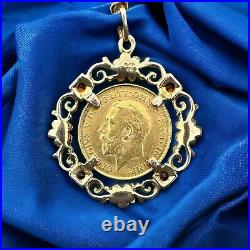 1926 George V Half Sovereign Coin & Mount Pendant Garnet 9ct Yellow Gold- 32mm
