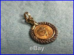 1945 Dos Pesos 22k Gold Coin with 14K Mexico Yellow Gold Rope Pendant