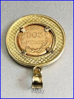 1945 MEXICO Dos Pesos. 900 Gold Coin in 14K Greek Key Pendant Bezel