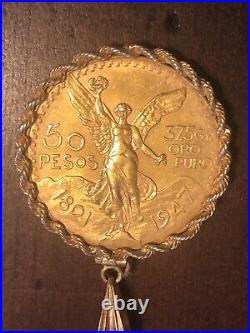 1947 Mexico 50 Pesos Coin with 14K Gold Rope Link Bezel Pendant