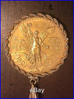 1947 Mexico 50 Pesos Coin with 14K Gold Rope Link Bezel Pendant