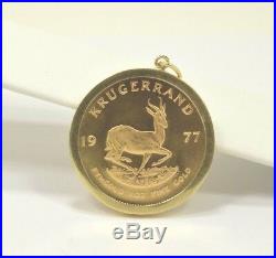 1977 South African Krugerrand Coin 1 Oz. Fine Gold in 14k Yellow Gold Pendant