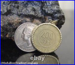 1978 Italian 200 Lire Coin 14k Yellow Gold Reversible Twist Bezel Lira Pendant