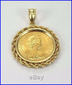 1981 22k Gold Elizabeth II British Sovereign Coin in 14k Rope Chain Pendant Case