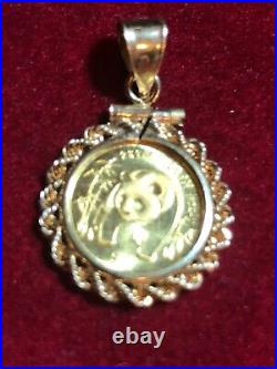 1986 5 Yuan Panda 1/20th OZ 999 Fine Gold Coin In a 14K Yellow Gold Rope Bezel