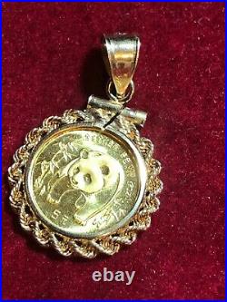 1986 5 Yuan Panda 1/20th OZ 999 Fine Gold Coin In a 14K Yellow Gold Rope Bezel