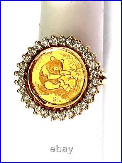 1994 Chinese Panda. 999 Coin 20 mm Moissanite Setting RING 14k Yellow Gold Finish