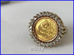 1994 Chinese Panda. 999 Coin 20 mm Moissanite Setting RING 14k Yellow Gold Finish