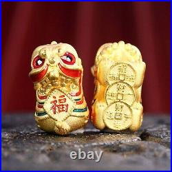 1PCS Pure 999 24K Yellow Gold Bead Lucky Enamel Fu Rich Coin Lion Pendant 1.31g