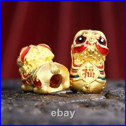 1PCS Pure 999 24K Yellow Gold Bead Lucky Enamel Fu Rich Coin Lion Pendant 1.31g