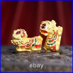 1PCS Pure 999 24K Yellow Gold Bead Lucky Enamel Fu Rich Coin Lion Pendant 1.31g