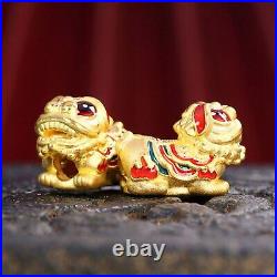 1PCS Pure 999 24K Yellow Gold Bead Lucky Enamel Fu Rich Coin Lion Pendant 1.31g