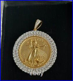1.00CtReal Moissanite Round Cut Lady Liberty Coin Pendant 14K Yellow Gold